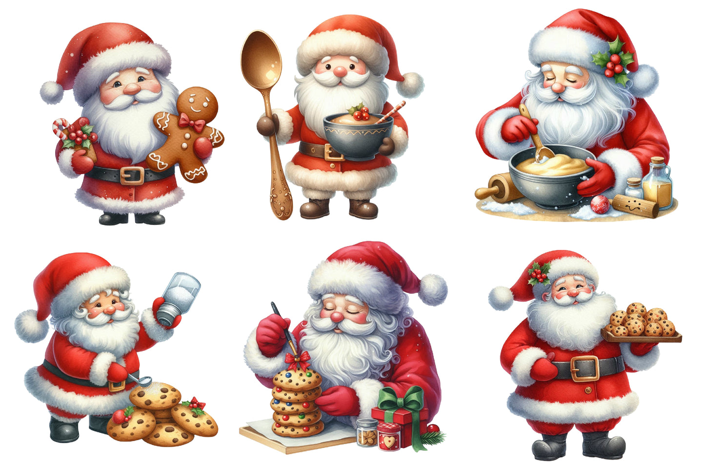 Santa Baking Watercolor Clipart PNG Bundle | Christmas Baking Santa PNG | Santa Baker Sublimation