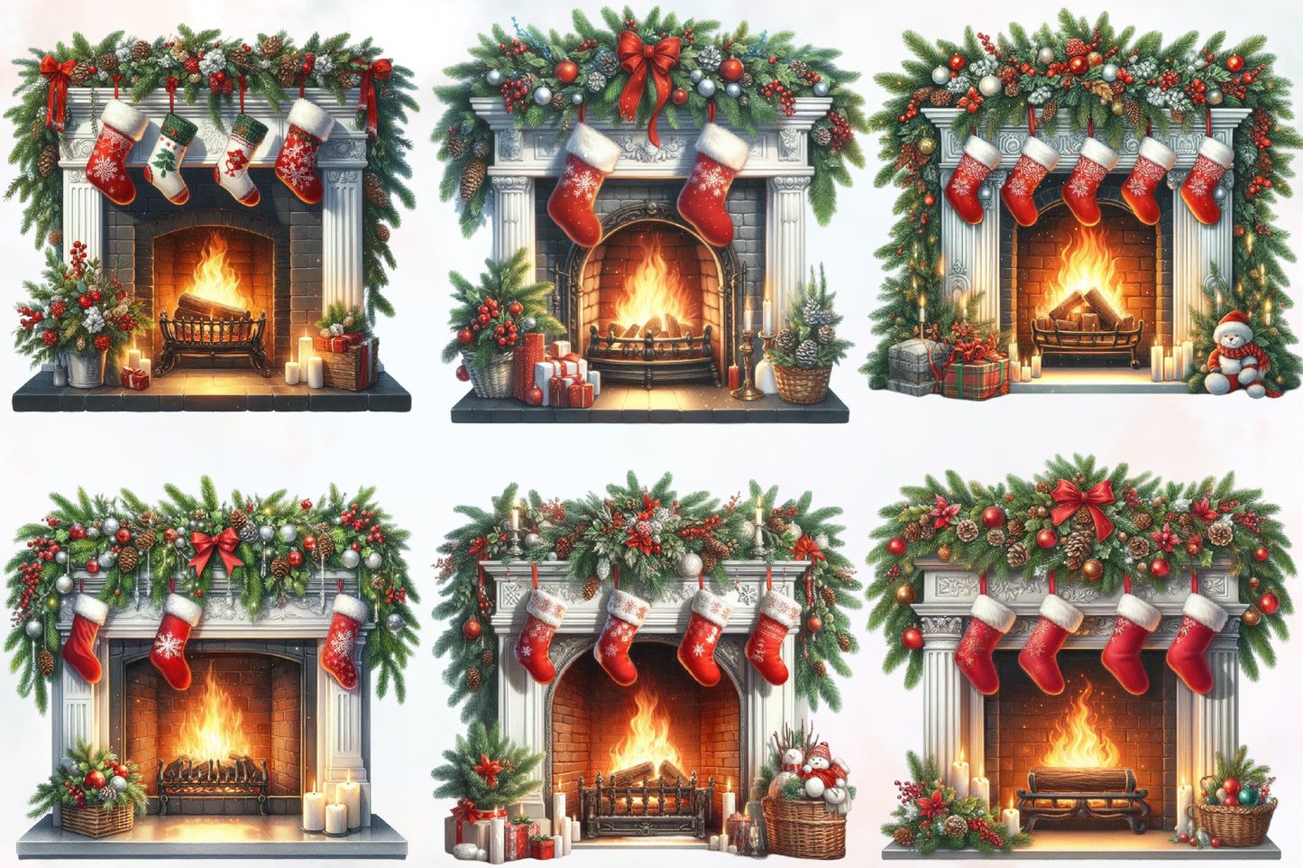 Watercolor Christmas Cozy Fireplace Clipart PNG Bundle | Festive Fireplace Mantel & Christmas Stockings | Holiday Sublimation