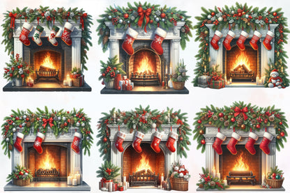 Watercolor Christmas Cozy Fireplace Clipart PNG Bundle | Festive Fireplace Mantel & Christmas Stockings | Holiday Sublimation