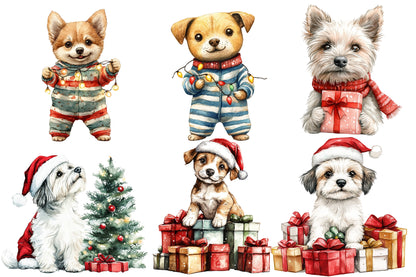 Christmas Dog Clipart PNG Bundle | Watercolor Cute Christmas Dog Clipart | Festive Holiday Puppy Sublimation PNG
