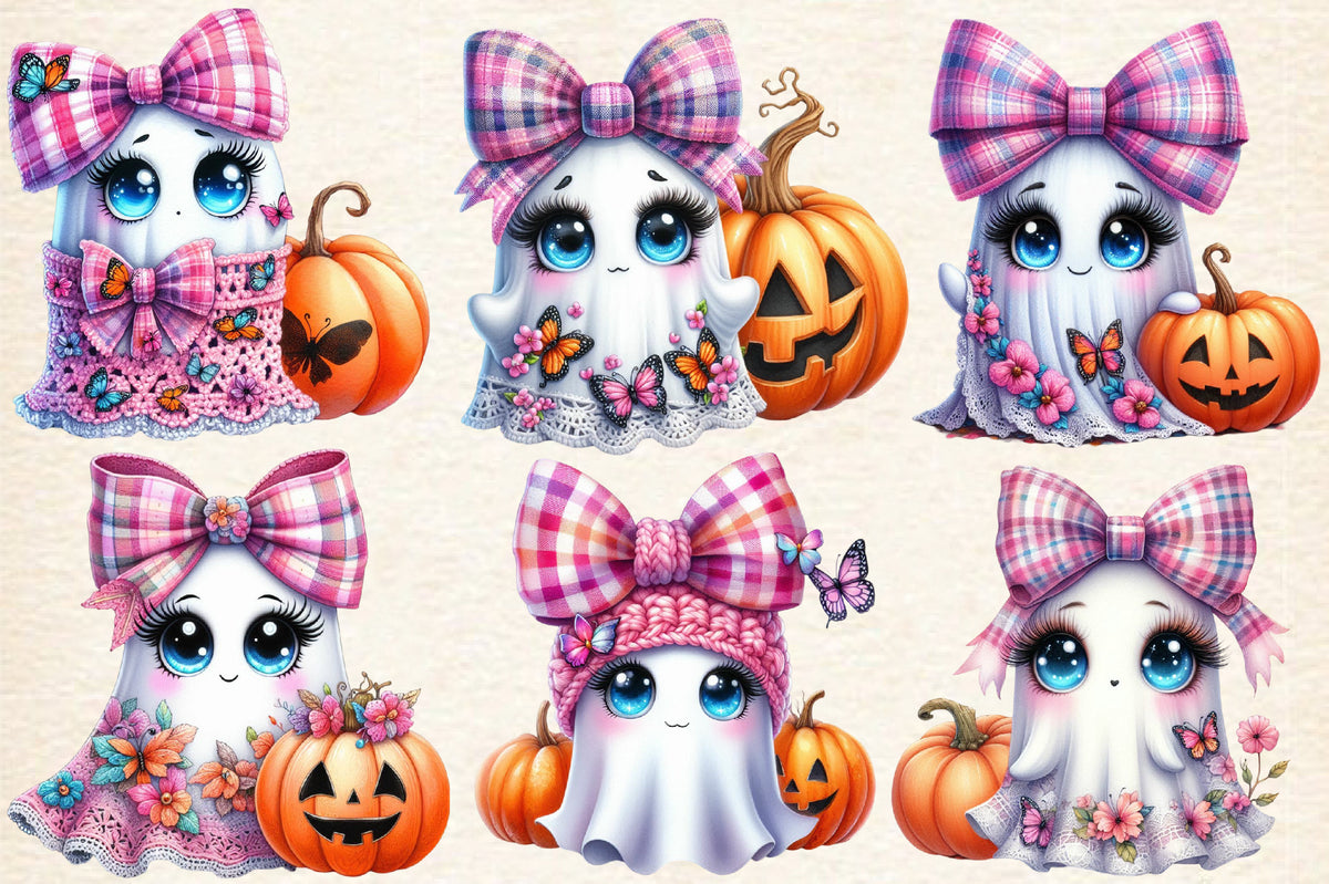 Halloween Cute Ghost PNG Bundle Pink Bow Ghost Watercolor Clipart