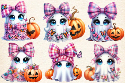 Halloween Cute Ghost PNG Bundle Pink Bow Ghost Watercolor Clipart