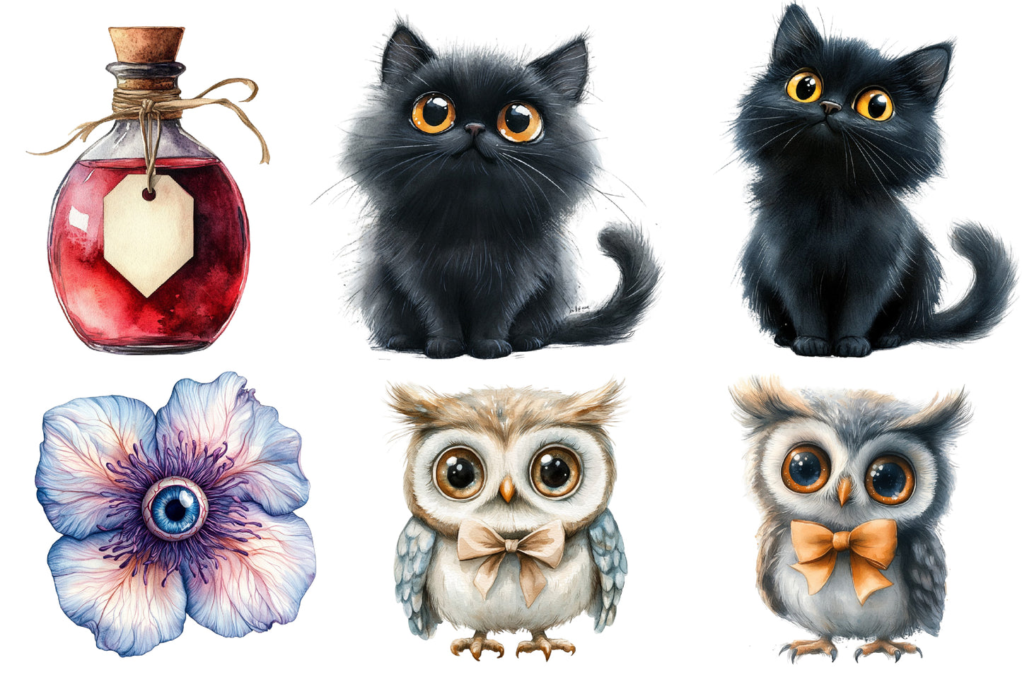 Whimsical Halloween Clipart Sublimation PNG Bundle | Cute Witch, Ghost, Pumpkin, Bat & Cat | Spooky Watercolor PNG