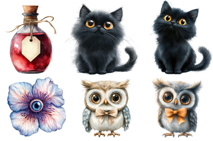 Whimsical Halloween Clipart Sublimation PNG Bundle | Cute Witch, Ghost, Pumpkin, Bat & Cat | Spooky Watercolor PNG