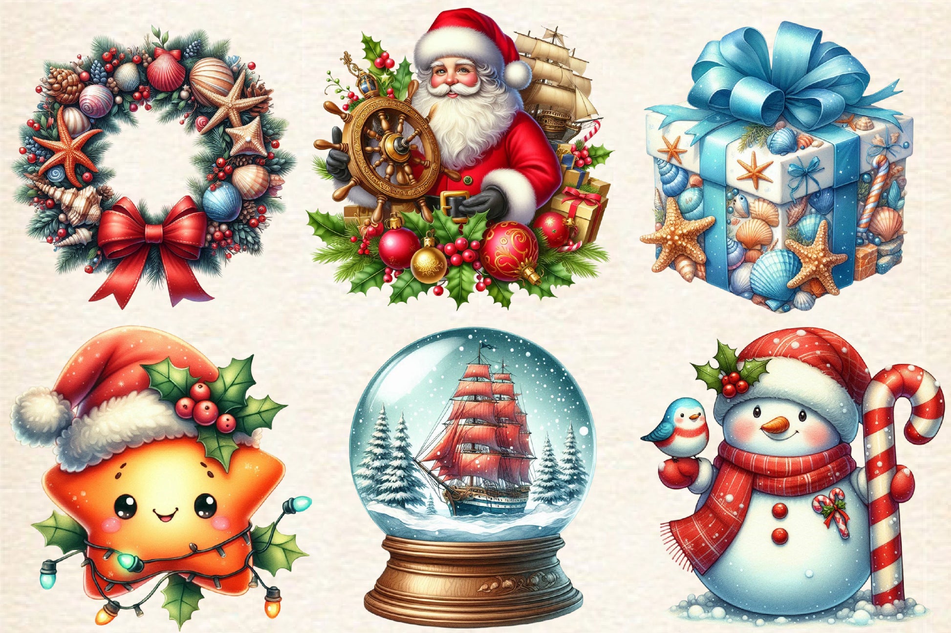 28 Christmas Nautical Sublimation PNG Coastal Ocean Winter Clipart Bundle