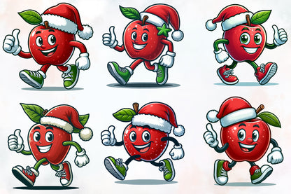 Christmas Apple PNG Clipart Bundle | Watercolor Cute Apple with Santa Hat, Funny Holiday Apple Designs
