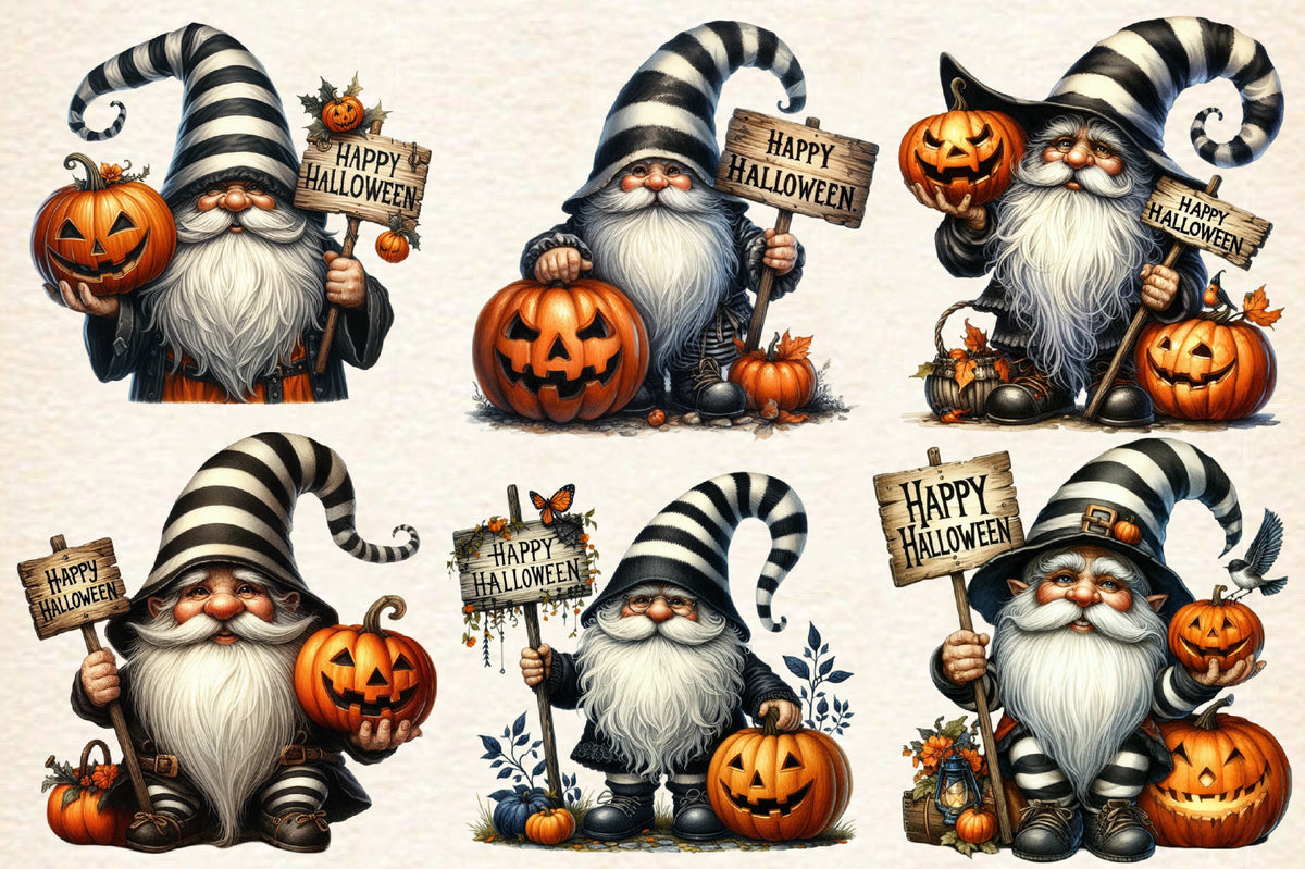 Watercolor Happy Halloween Gnome PNG Bundle 18 Cute Gnome Clipart