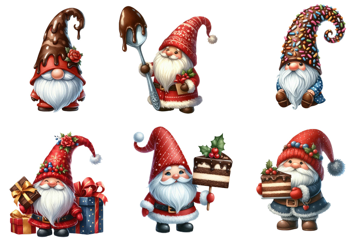 Christmas Gnome Clipart PNG Bundle | Cute Santa Gnomes, Gingerbread, Chocolate, Candy Cane & Christmas Gift Clipart