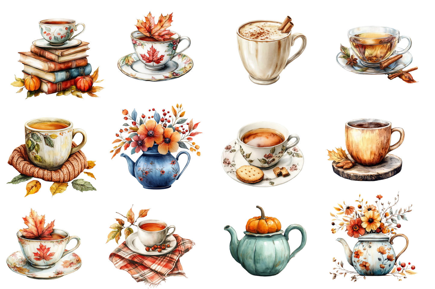 Autumn Tea Party Watercolor Clipart PNG Bundle | Fall Tea Cup Clipart | Cozy Autumn Tea PNG