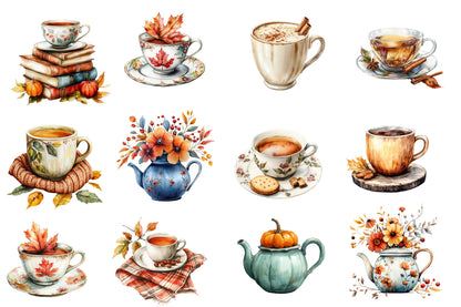 Autumn Tea Party Watercolor Clipart PNG Bundle | Fall Tea Cup Clipart | Cozy Autumn Tea PNG
