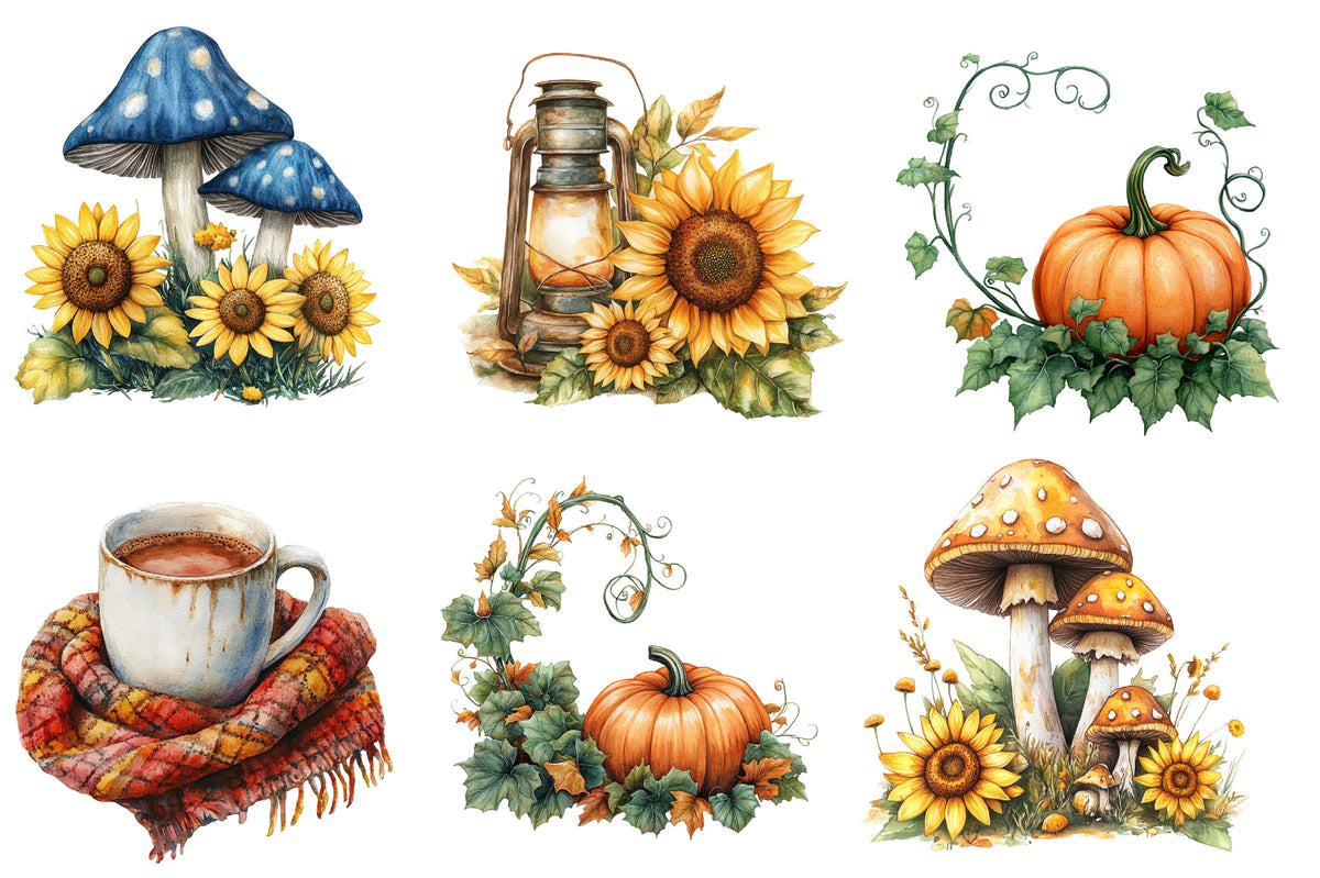Watercolor Autumn Clipart PNG Bundle | Fall Pumpkin, Sunflower, Leaves, Apple, Cozy Mug & Harvest Clipart