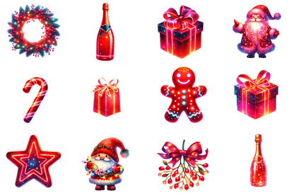 Red Neon Christmas Clipart PNG Bundle | Glowing Christmas PNG | Neon Holiday Sublimation
