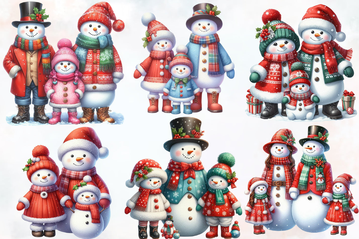 Watercolor Christmas Snowman Family Clipart PNG Bundle | Cute Snowman Winter Holiday Designs