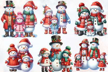Watercolor Christmas Snowman Family Clipart PNG Bundle | Cute Snowman Winter Holiday Designs