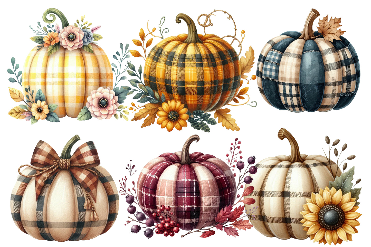 Autumn Plaid Pumpkin Sublimation Clipart PNG Bundle | Watercolor Cozy Fall Pumpkin Clipart | Rustic Harvest Plaid Pumpkin PNG