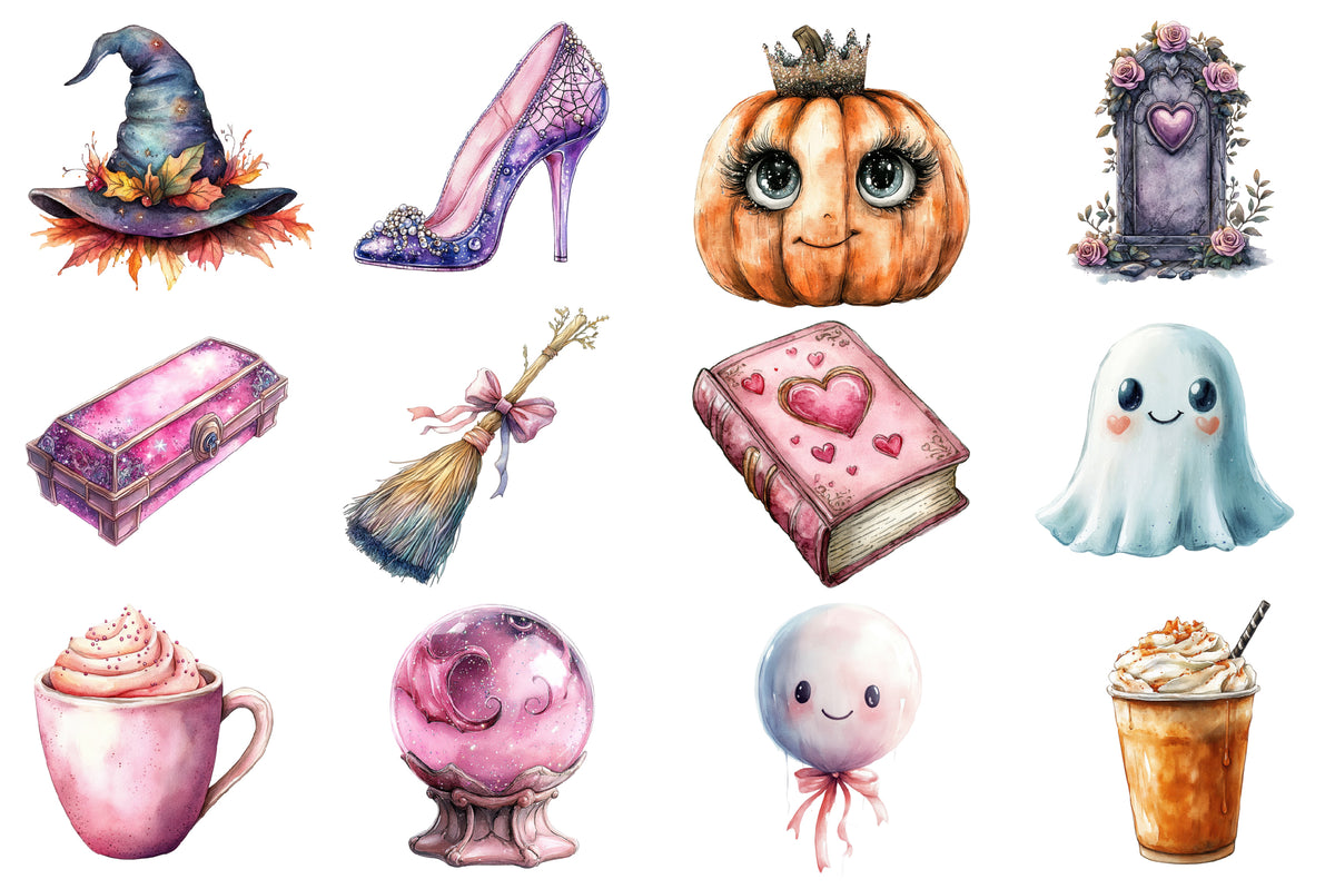 Halloween Girly Clipart PNG Bundle | Pink Black Cat, Ghost, Skull, Pumpkin, Bat & Witch PNG