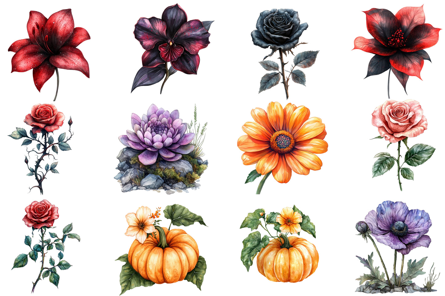 Halloween Flowers Clipart PNG | Gothic Dark Floral PNG, Black Rose Clipart,