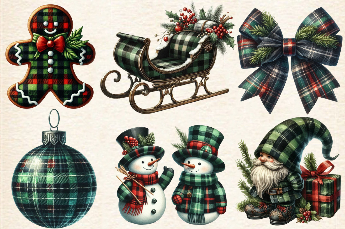 Christmas Black & Green Plaid PNG Bundle | Watercolor Tartan Christmas Clipart, Buffalo Plaid Holiday Decor & Rustic Christmas PNG