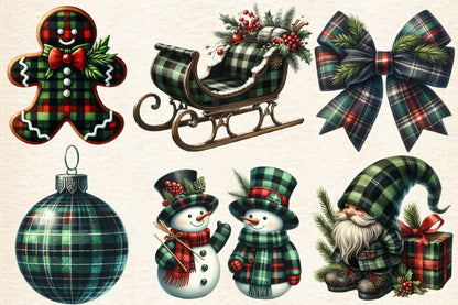 Christmas Black & Green Plaid PNG Bundle | Watercolor Tartan Christmas Clipart, Buffalo Plaid Holiday Decor & Rustic Christmas PNG
