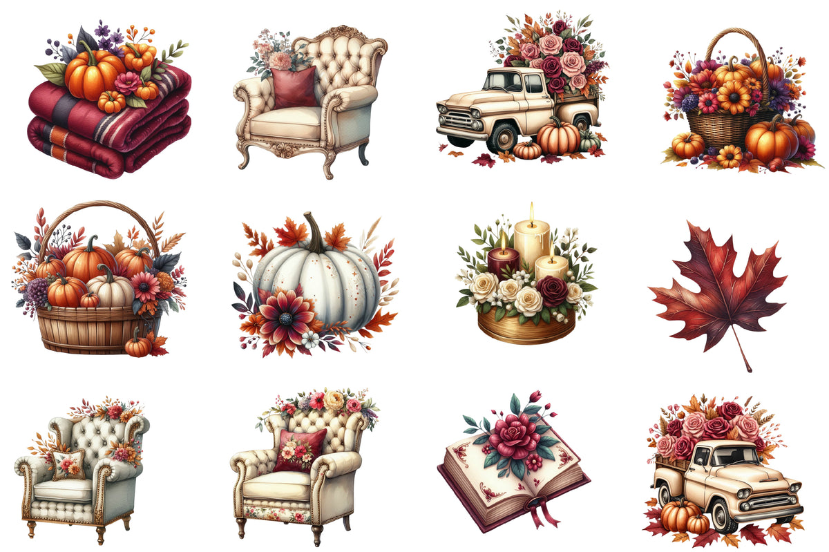 Fall Watercolor Clipart PNG Bundle | Cozy Autumn Clipart | Thanksgiving Sublimation