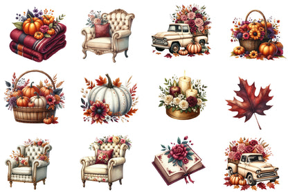 Fall Watercolor Clipart PNG Bundle | Cozy Autumn Clipart | Thanksgiving Sublimation