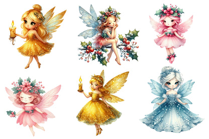 Christmas Fairies Clipart PNG Bundle | Watercolor Enchanted Christmas Fairy Clipart | Magical Holiday Sublimation PNG
