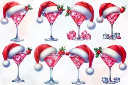 Watercolor Christmas Cocktails Clipart PNG Bundle | Santa Hat Cocktail Glasses | Christmas Party Sublimation