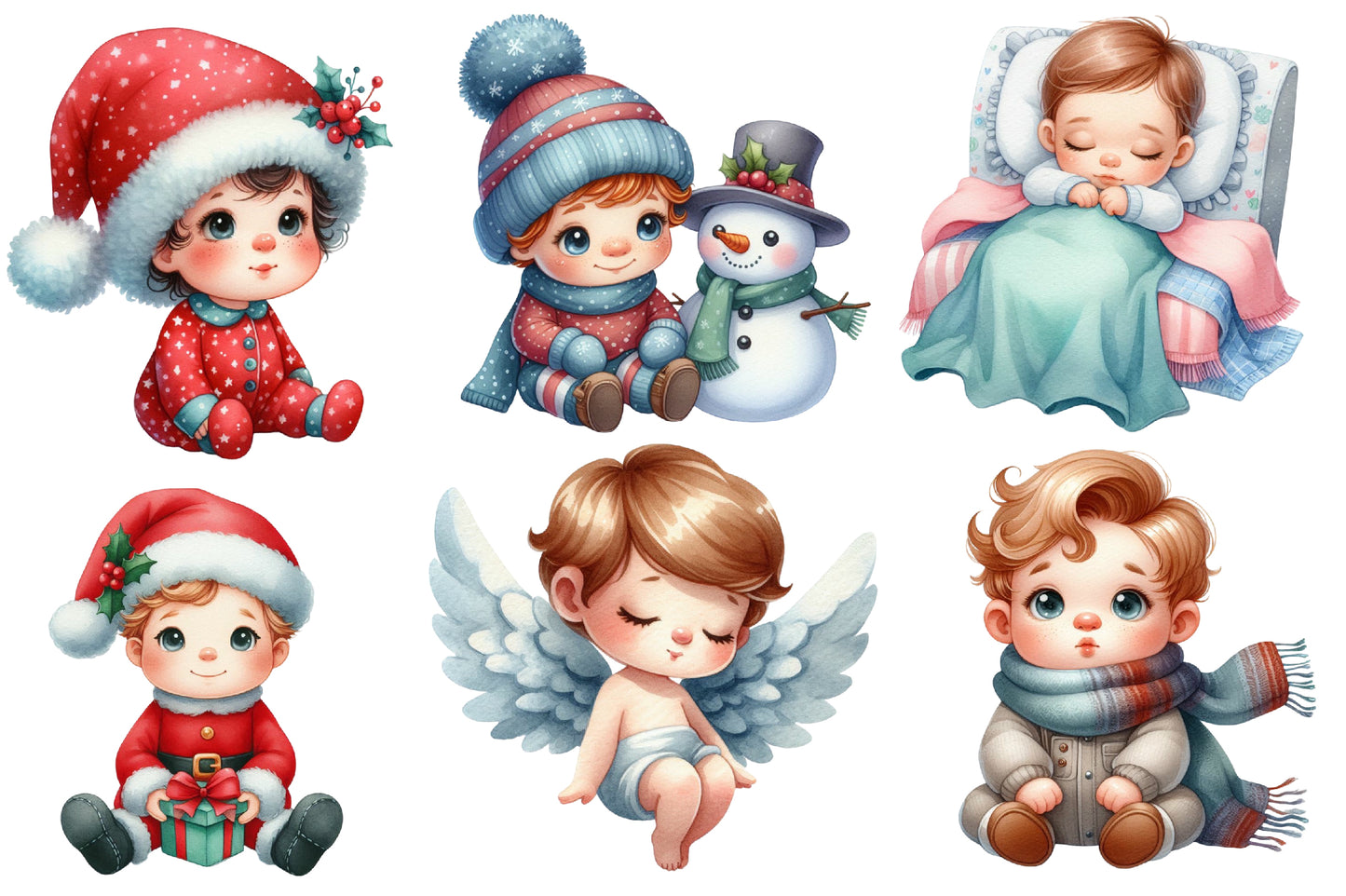 Christmas Babies Clipart PNG Bundle | Watercolor Christmas Baby, Santa Baby, Angel, Snowman, Gifts & Winter Baby Clipart