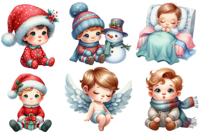 Christmas Babies Clipart PNG Bundle | Watercolor Christmas Baby, Santa Baby, Angel, Snowman, Gifts & Winter Baby Clipart
