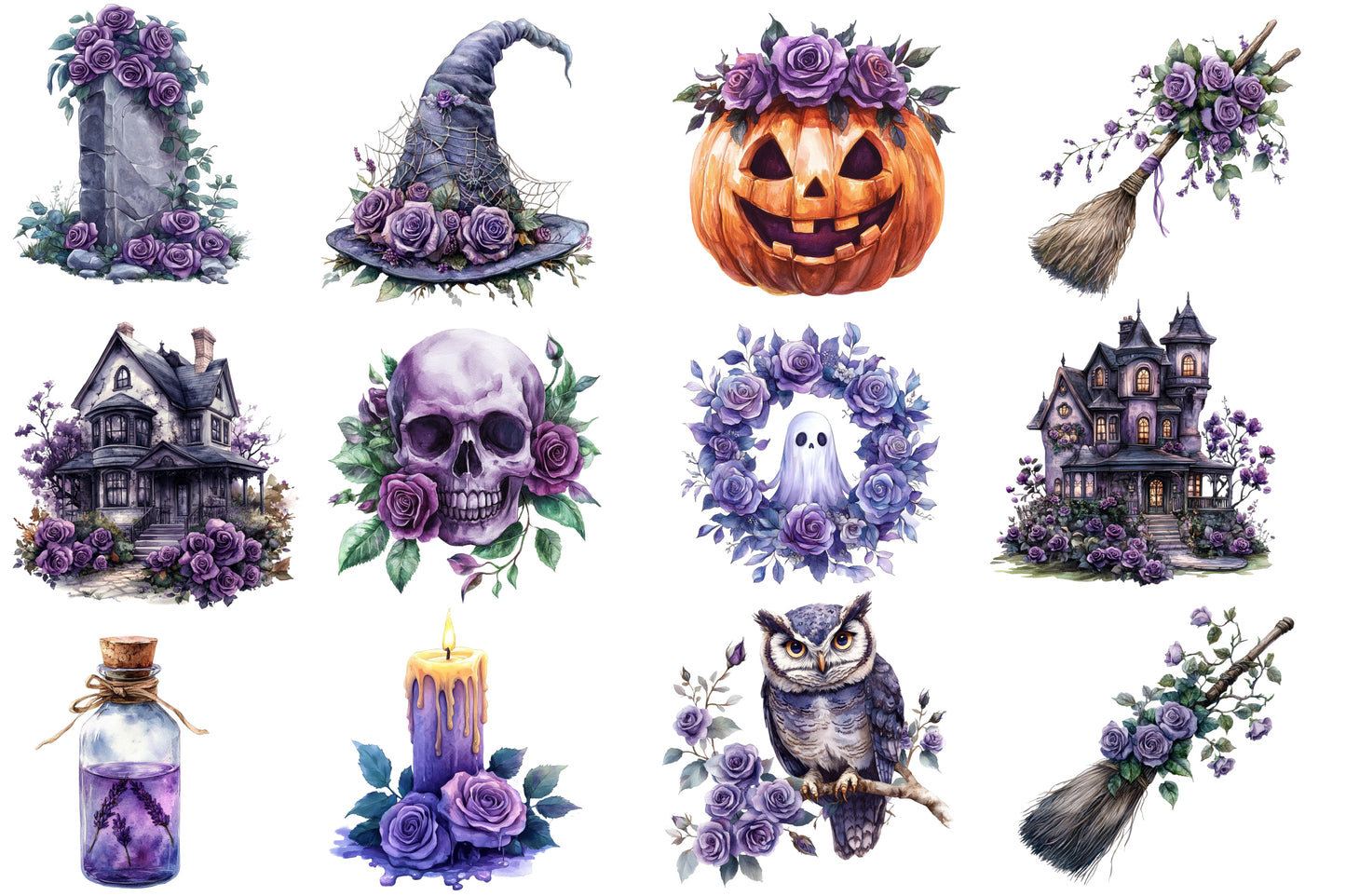 Halloween & Purple Roses Clipart PNG Bundle | Gothic Halloween Clipart, Purple Rose PNG