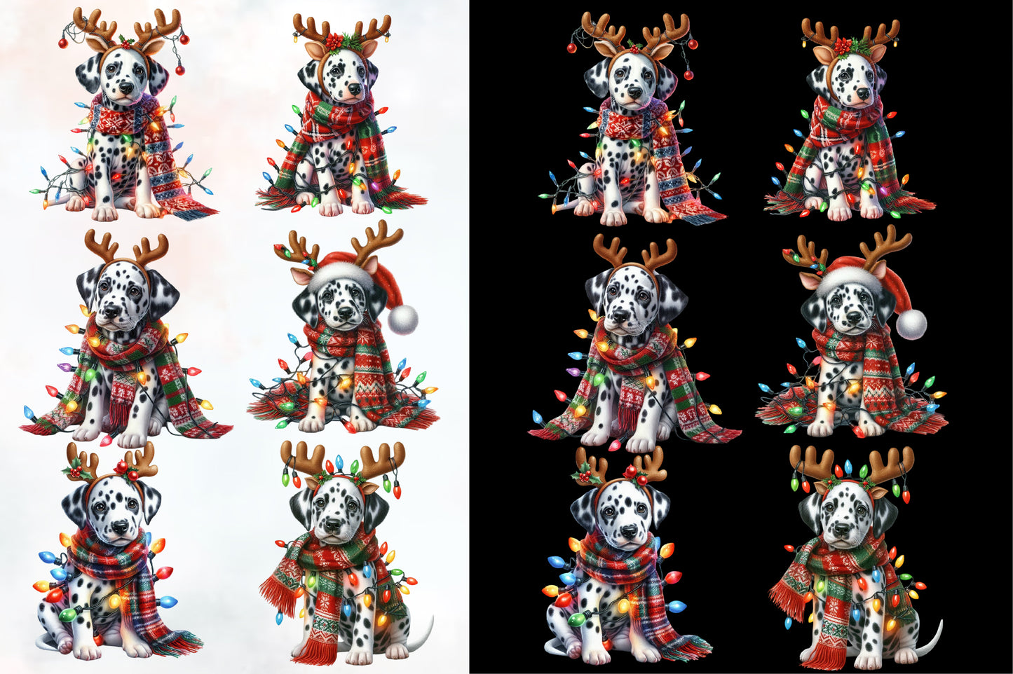 Christmas Dalmatian Puppy PNG Clipart Bundle | Watercolor Dalmatian Dogs, Reindeer Puppies, Christmas Lights & Scarves
