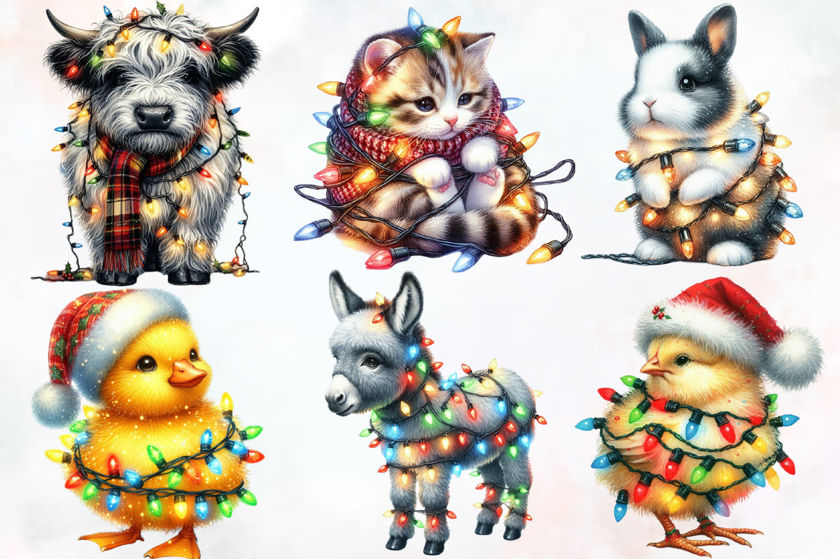 Watercolor Animal Christmas Lights PNG Bundle 23 Cute Holiday Designs
