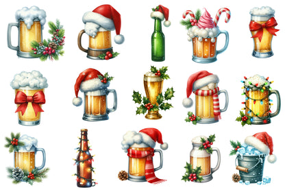 Christmas Beer Sublimation Bundle PNG | Watercolor Festive Beer Clipart | Funny Holiday Beer Designs