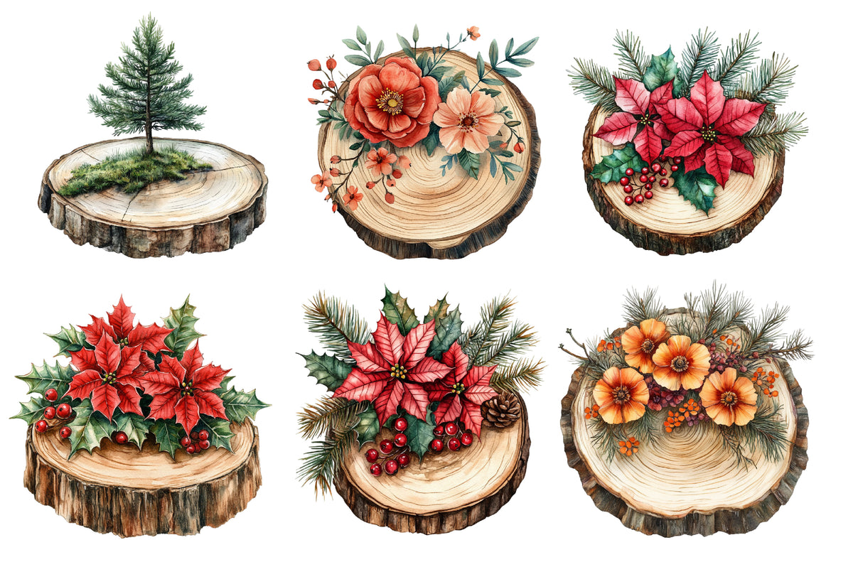 Christmas Wood Slice Clipart PNG Bundle | Rustic Wood Slices, Poinsettia, Pine, Holly, Pinecones & Christmas Floral Decor