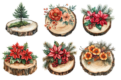 Christmas Wood Slice Clipart PNG Bundle | Rustic Wood Slices, Poinsettia, Pine, Holly, Pinecones & Christmas Floral Decor