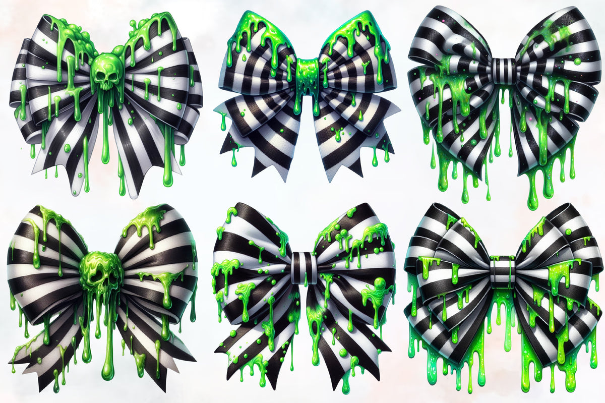Halloween Striped Coquette Bow PNG Bundle Green Drip Bow Clipart