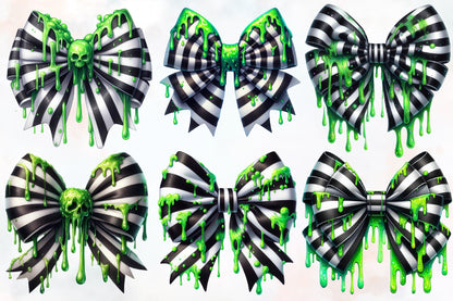 Halloween Striped Coquette Bow PNG Bundle Green Drip Bow Clipart