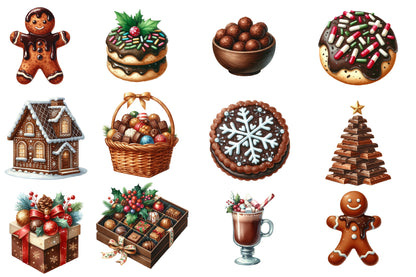 Chocolate Christmas Watercolor Clipart PNG Bundle | Christmas Chocolate Clipart | Holiday Sublimation