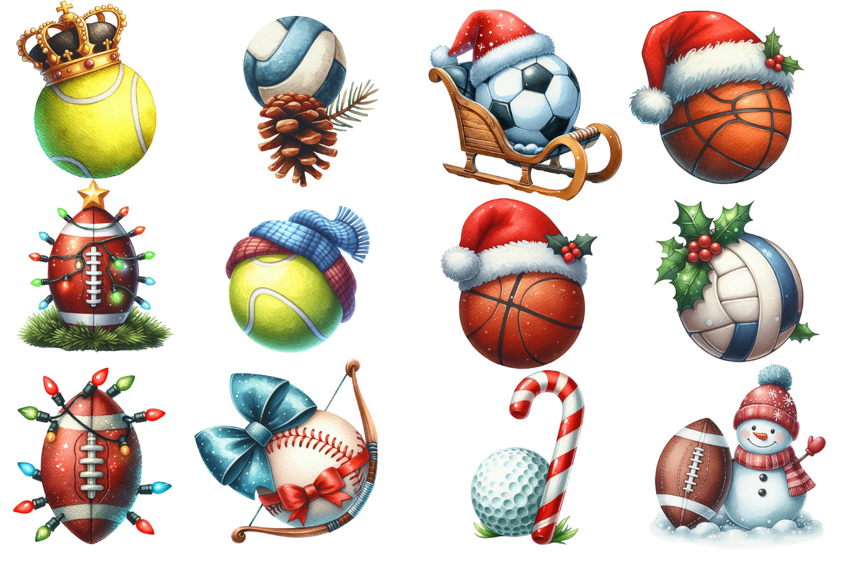 Christmas Sport Balls Sublimation PNG Bundle | Watercolor Christmas Sports Balls Clipart | Festive Athletic Holiday PNG