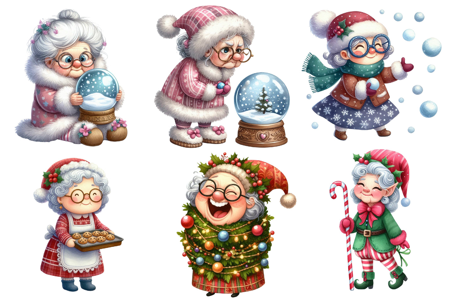 Old Lady Christmas Watercolor Clipart PNG Bundle | Cute Grandma Christmas Clipart | Christmas Winter Sublimation PNG