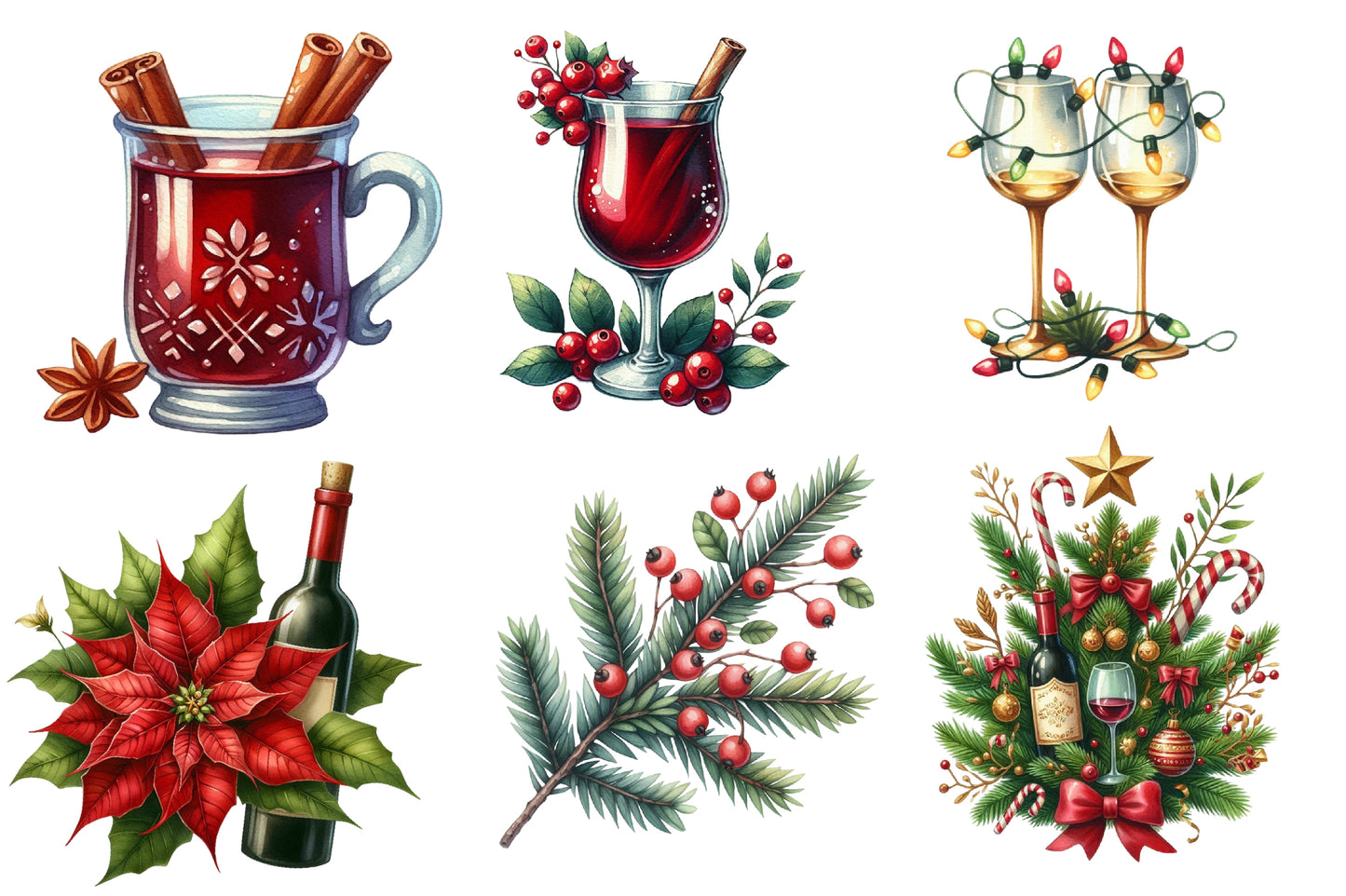 Christmas Red Wine Clipart PNG Bundle | Watercolor Holiday Red Wine Clipart | Festive Wine Glass Sublimation PNG