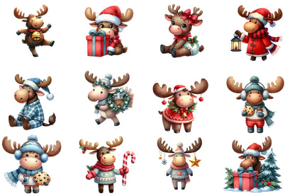 Christmas Moose Clipart PNG Bundle | Cute Moose, Reindeer, Santa Moose, Christmas Lights, Gifts & Winter Holiday Animals