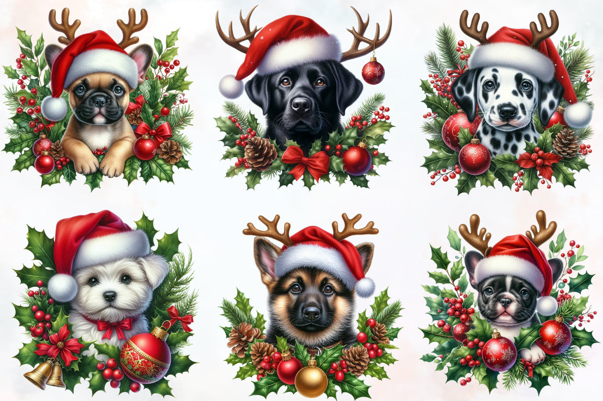 18 Christmas Dog Peeking PNG Clipart Bundle Watercolor Cute Holiday Puppy