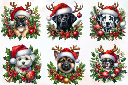 18 Christmas Dog Peeking PNG Clipart Bundle Watercolor Cute Holiday Puppy