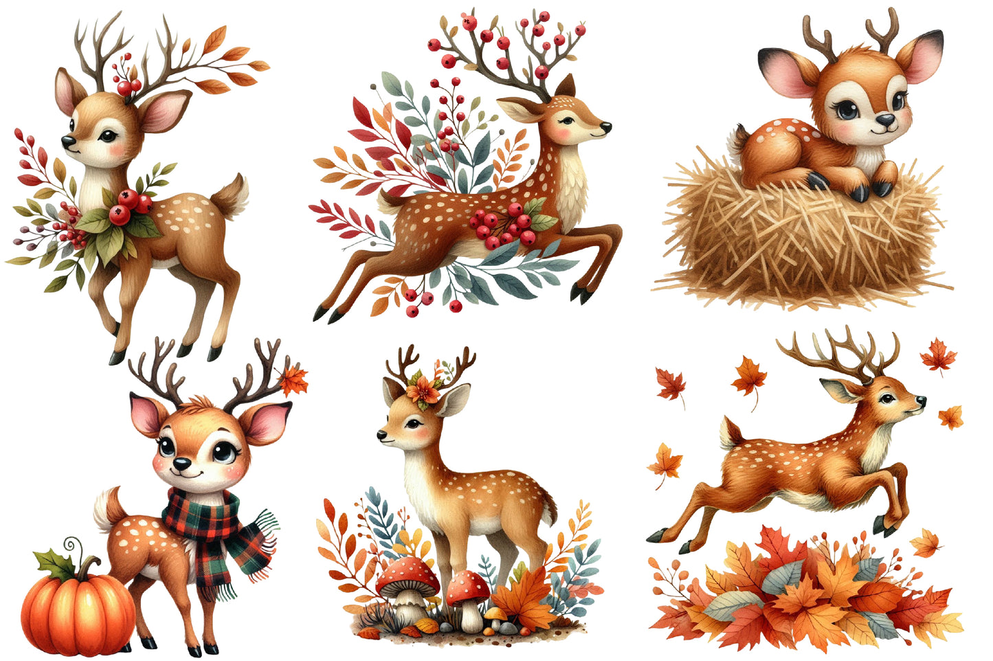 Autumn Cute Deer Clipart PNG Bundle | Watercolor Fall Woodland Deer Clipart | Cozy Harvest Deer PNG