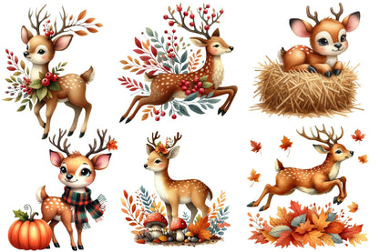Autumn Cute Deer Clipart PNG Bundle | Watercolor Fall Woodland Deer Clipart | Cozy Harvest Deer PNG