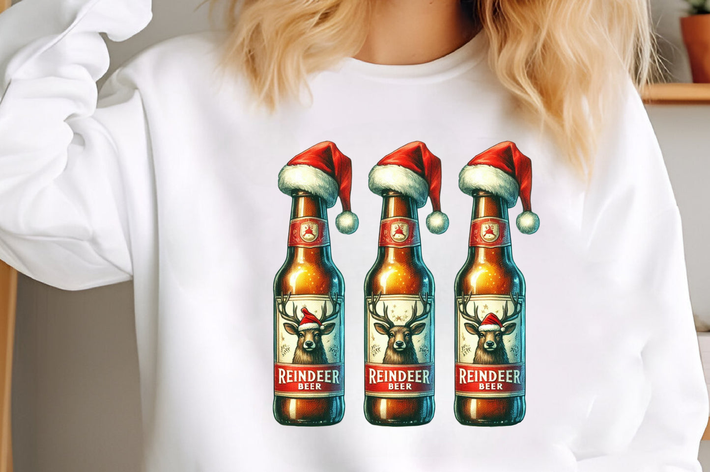 Christmas Reindeer Beer Bottle PNG Santa Hat Holiday Vintage Christmas Clipart