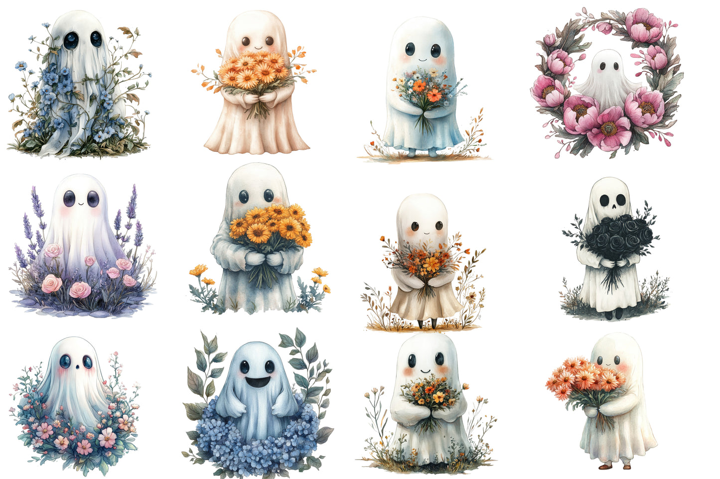 Halloween Floral Ghost Clipart PNG | Cute Ghosts with Flowers, Kawaii Halloween Ghost PNG
