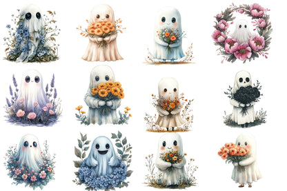 Halloween Floral Ghost Clipart PNG | Cute Ghosts with Flowers, Kawaii Halloween Ghost PNG