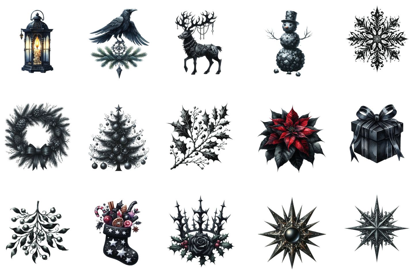 Black Dark Christmas Clipart PNG Bundle | Gothic Watercolor Christmas Clipart | Moody Holiday PNG